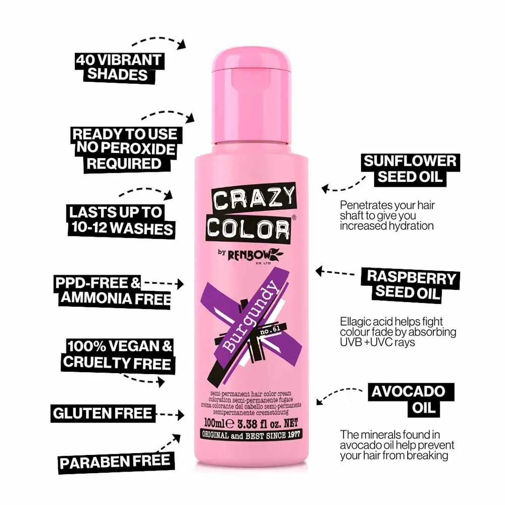 Crazy Colour Burgundy Hair Dye 100ml - Image 3
