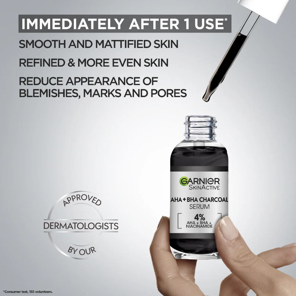 Garnier Skin Active 4% AHA+BHA Charcoal Anti-Blemish Serum 30ml - Image 3