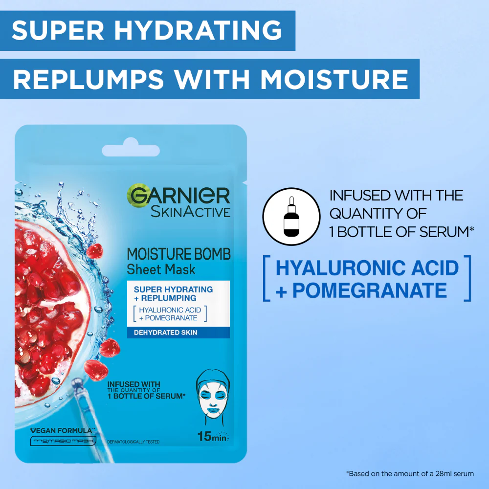 Garnier Skin Active Moisture Bomb Pomegranate & Hyaluronic Acid Sheet Mask 28g - Image 2