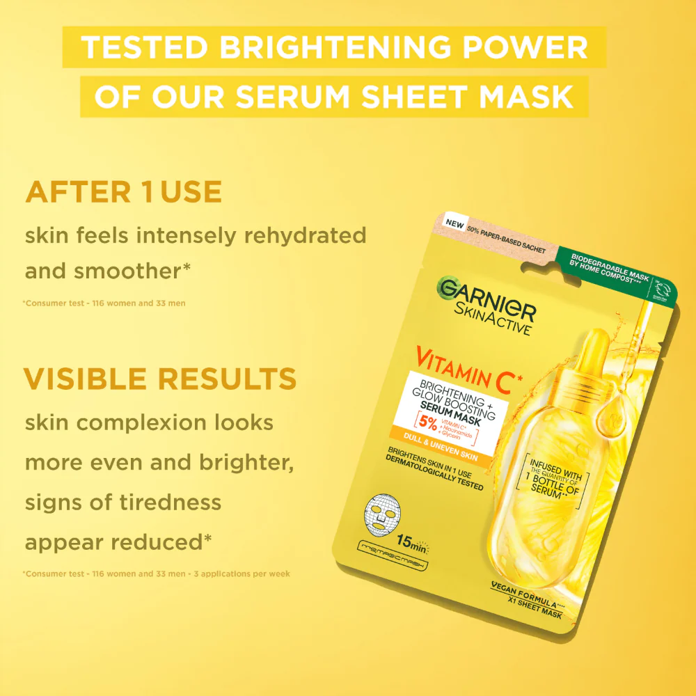 Garnier Skin Active Vitamin C* Brightening Glow Sheet Mask 28g - Image 2