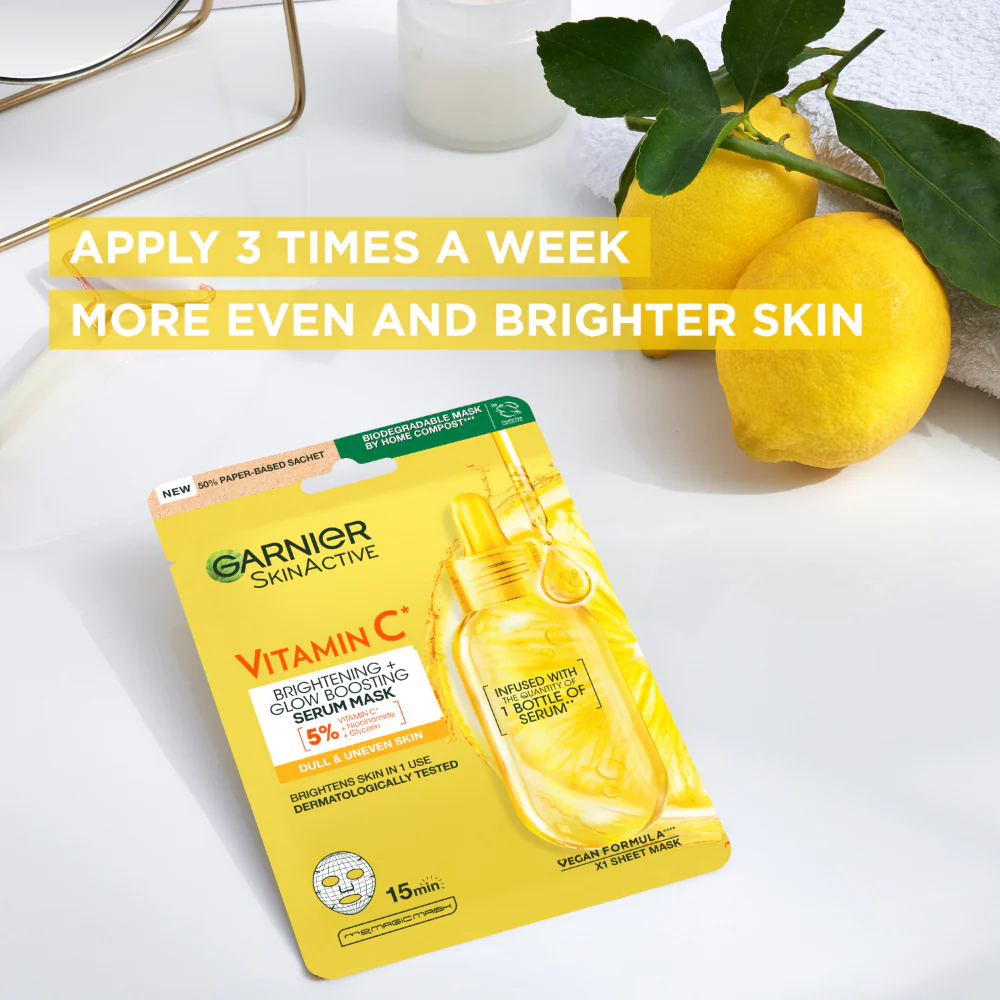 Garnier Skin Active Vitamin C* Brightening Glow Sheet Mask 28g - Image 4