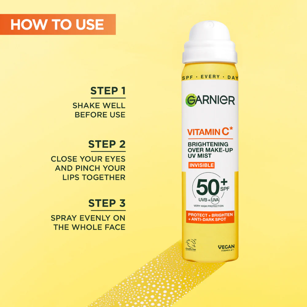 Garnier Skin Active Vitamin C* Brightening Over Makeup UV Mist SPF50+ 75ml - Image 2
