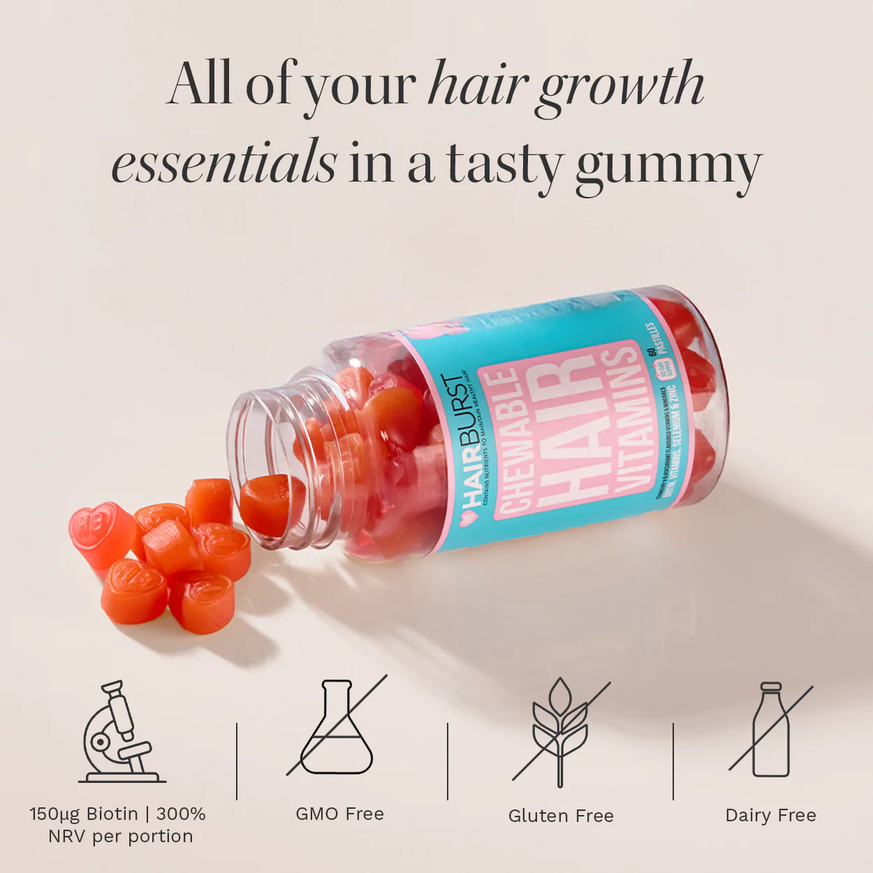 Hairburst Chewable Strawberry Hair Vitamins Gummies x60 - Image 2