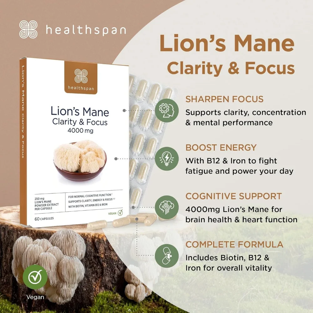 Healthspan Clarity & Focus Lion's Mane 4000mg 60 Capsules - Image 2