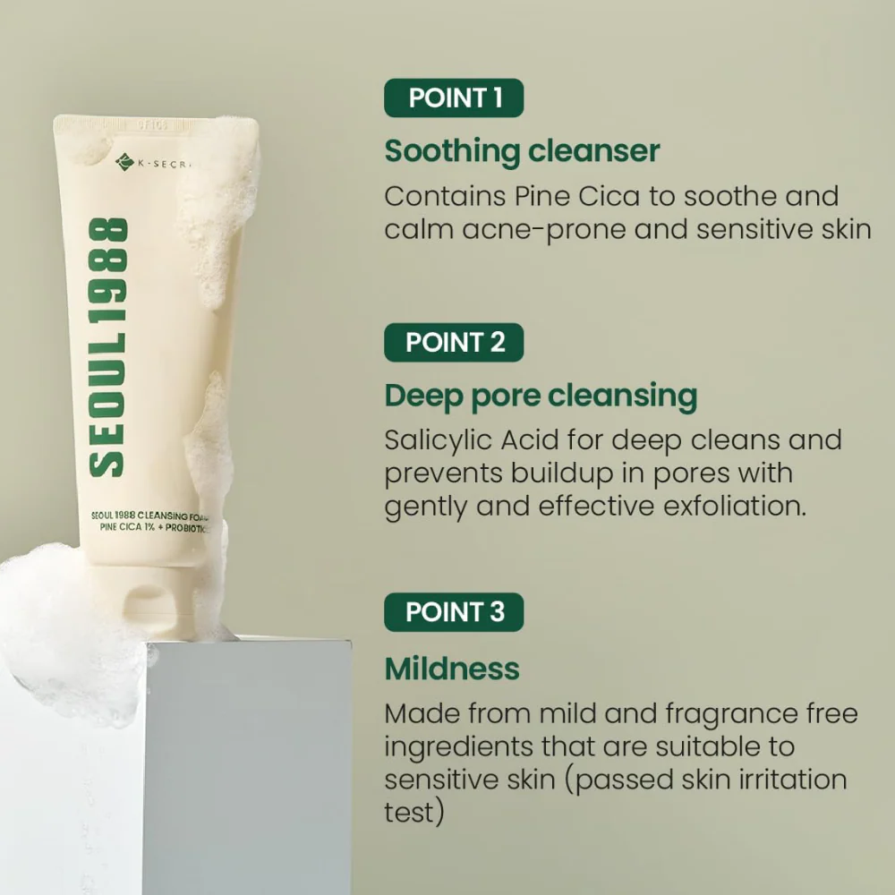 K-Secret Seoul 1988 Cleansing Foam: Pine Cica 1% + Probiotics 150ml - Image 6