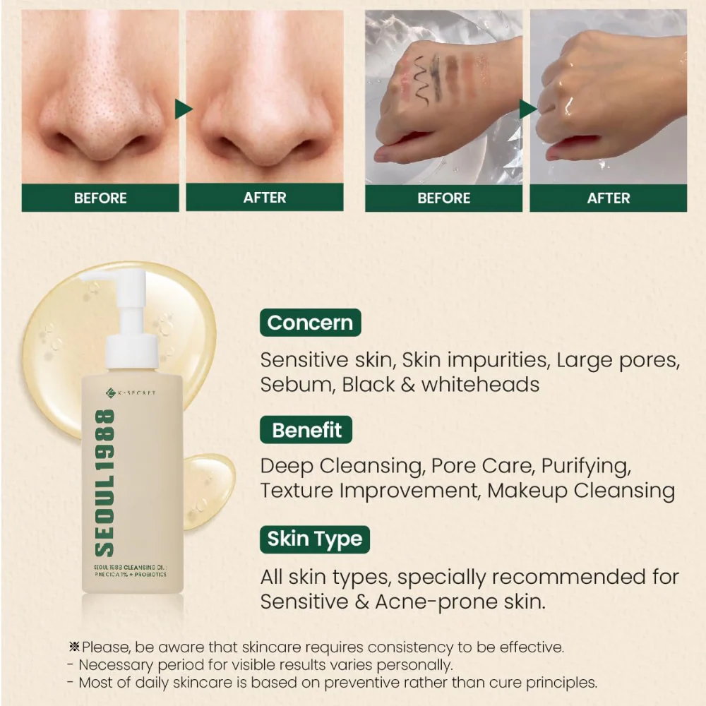 K-Secret Seoul 1988 Cleansing Oil: Pine Cica 1% + Probiotics 200ml - Image 4
