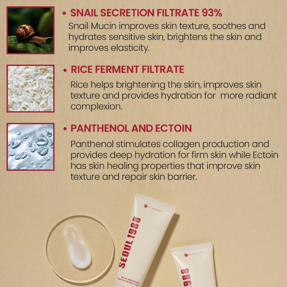 K-Secret Seoul 1988 Cream: Snail Mucin 93% + Rice 100ml - Image 4
