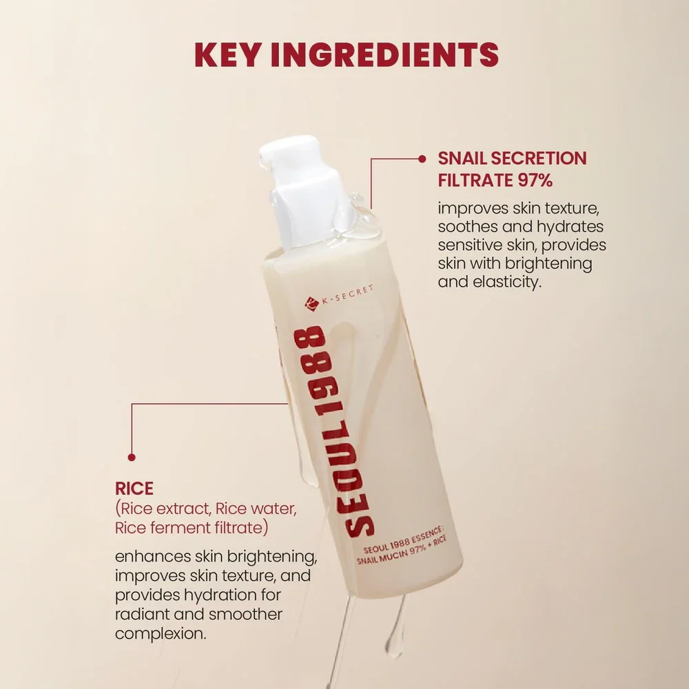 K-Secret Seoul 1988 Essence: Snail Mucin 97% + Rice 100ml - Image 3