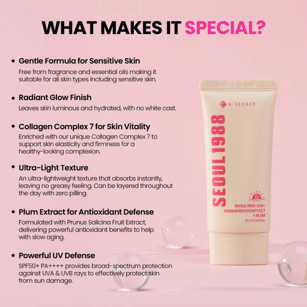 K-Secret Seoul 1988 Sun: Collagen Complex 7 + Plum PA++++ SPF50 50g - Image 4