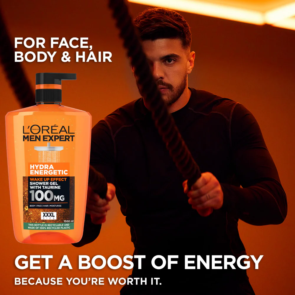 L'Oreal Paris Men Expert Hydra Energetic Wake Up Effect Taurine Shower Gel XXXL 1000ml - Image 2