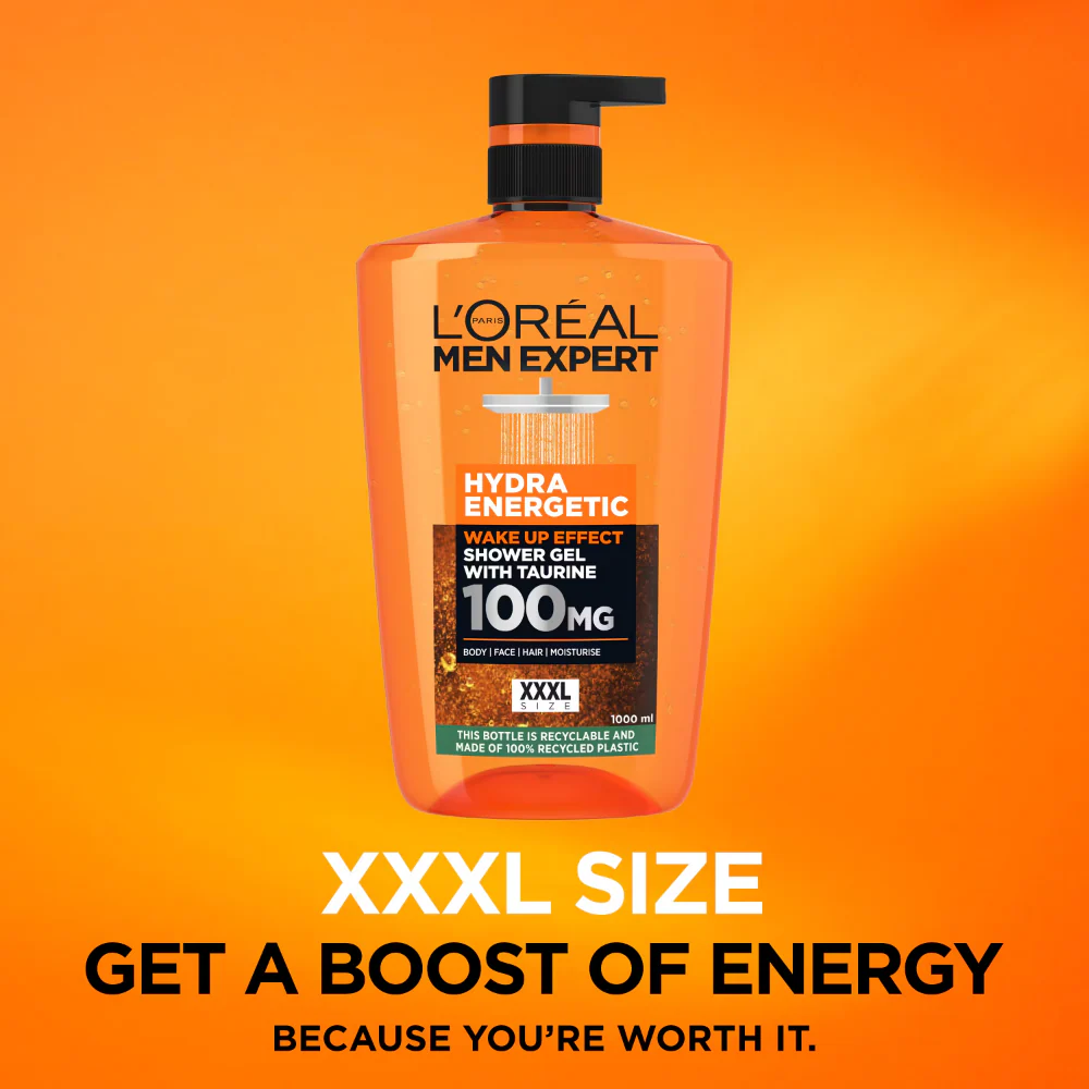 L'Oreal Paris Men Expert Hydra Energetic Wake Up Effect Taurine Shower Gel XXXL 1000ml - Image 3