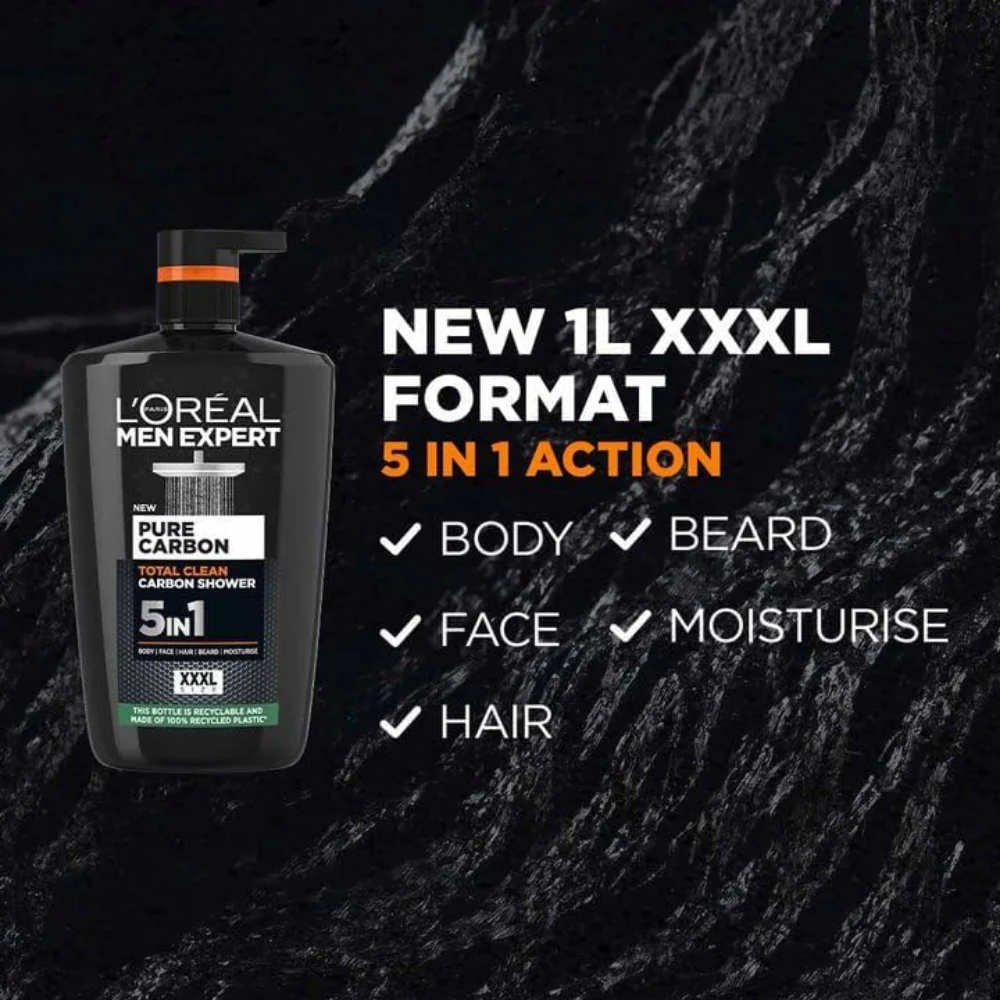 L'Oreal Paris Men Expert Pure Carbon Total Clean Carbon 5-In-1 Shower Gel XXXL 1000ml - Image 2