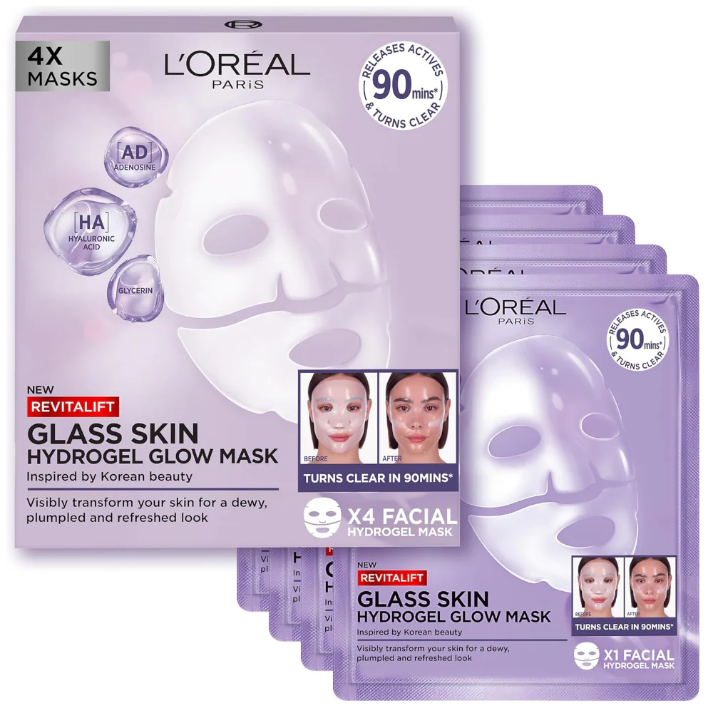 L'Oreal Paris Revitalift Filler Glass Skin Hydrogel Glow Sheet Mask 4 x 37g - Image 2