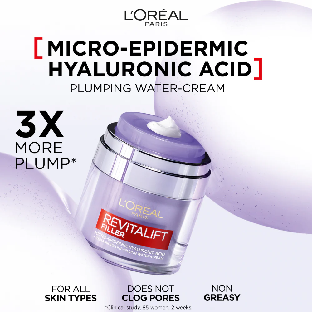 L'Oreal Paris Revitalift Filler Micro-Epidermic Hyaluronic Acid Plumping Water-Cream 50ml - Image 2