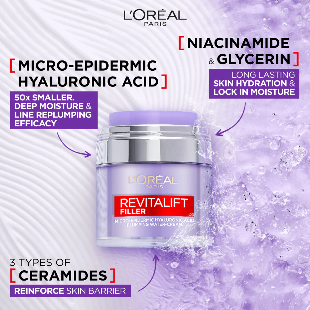 L'Oreal Paris Revitalift Filler Micro-Epidermic Hyaluronic Acid Plumping Water-Cream 50ml - Image 3