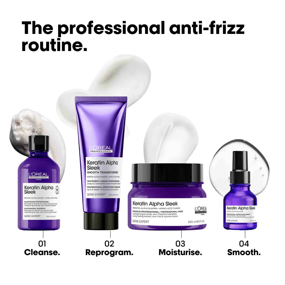 L'Oreal Professionnel Serie Expert Keratin Alpha Sleek Shampoo 300ml, Hair Mask 250ml & Smooth Transformer Hair Treatment 250ml Trio - Image 9