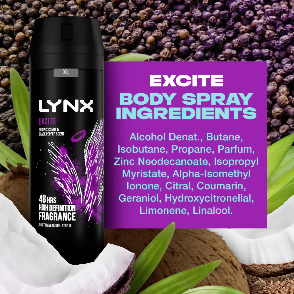 Lynx Excite 48h Crisp Coconut & Black Pepper Deodorant Body Spray 150ml - Image 3