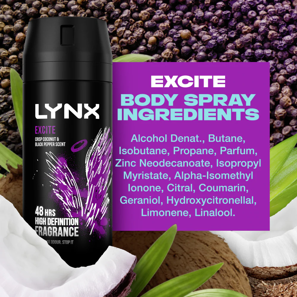 Lynx Excite 48h Crisp Coconut & Black Pepper Deodorant Body Spray 150ml - Image 5
