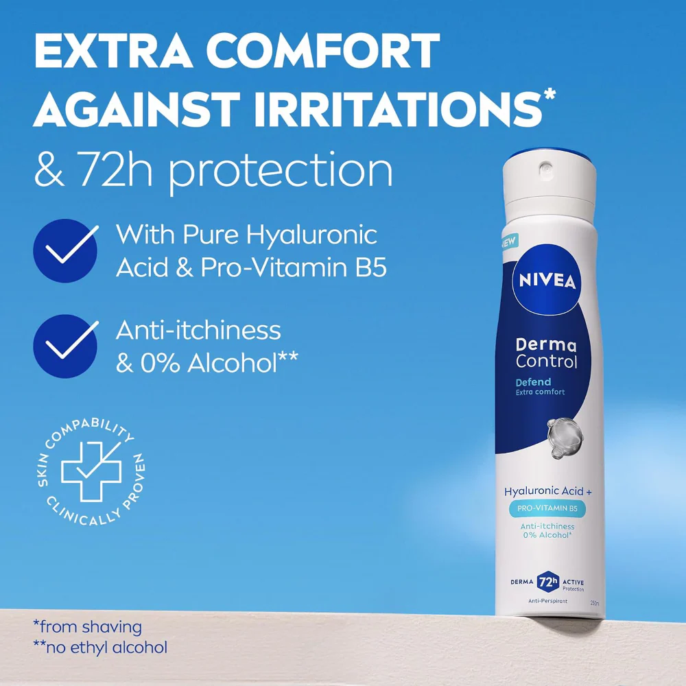 Nivea Derma Control Defend Extra Comfort 72h Anti-Perspirant Deodorant Spray 250ml - Image 3