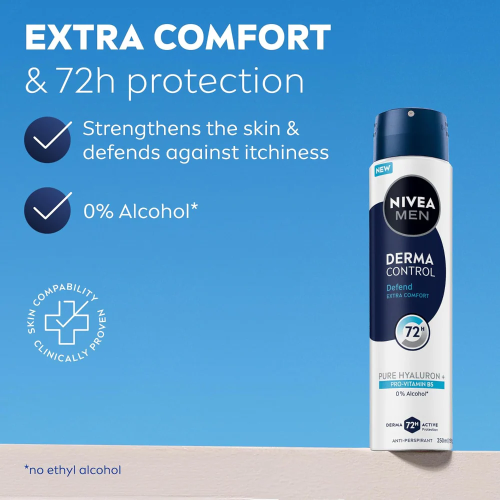 Nivea Men Derma Control Defend Extra Comfort 72h Anti-Perspirant Deodorant Spray 250ml - Image 3