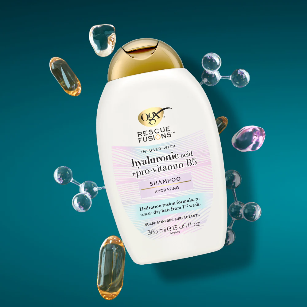 OGX Rescue Fusions Hyaluronic Acid & Pro-Vitamin B5 Hydrating Shampoo 385ml - Image 2