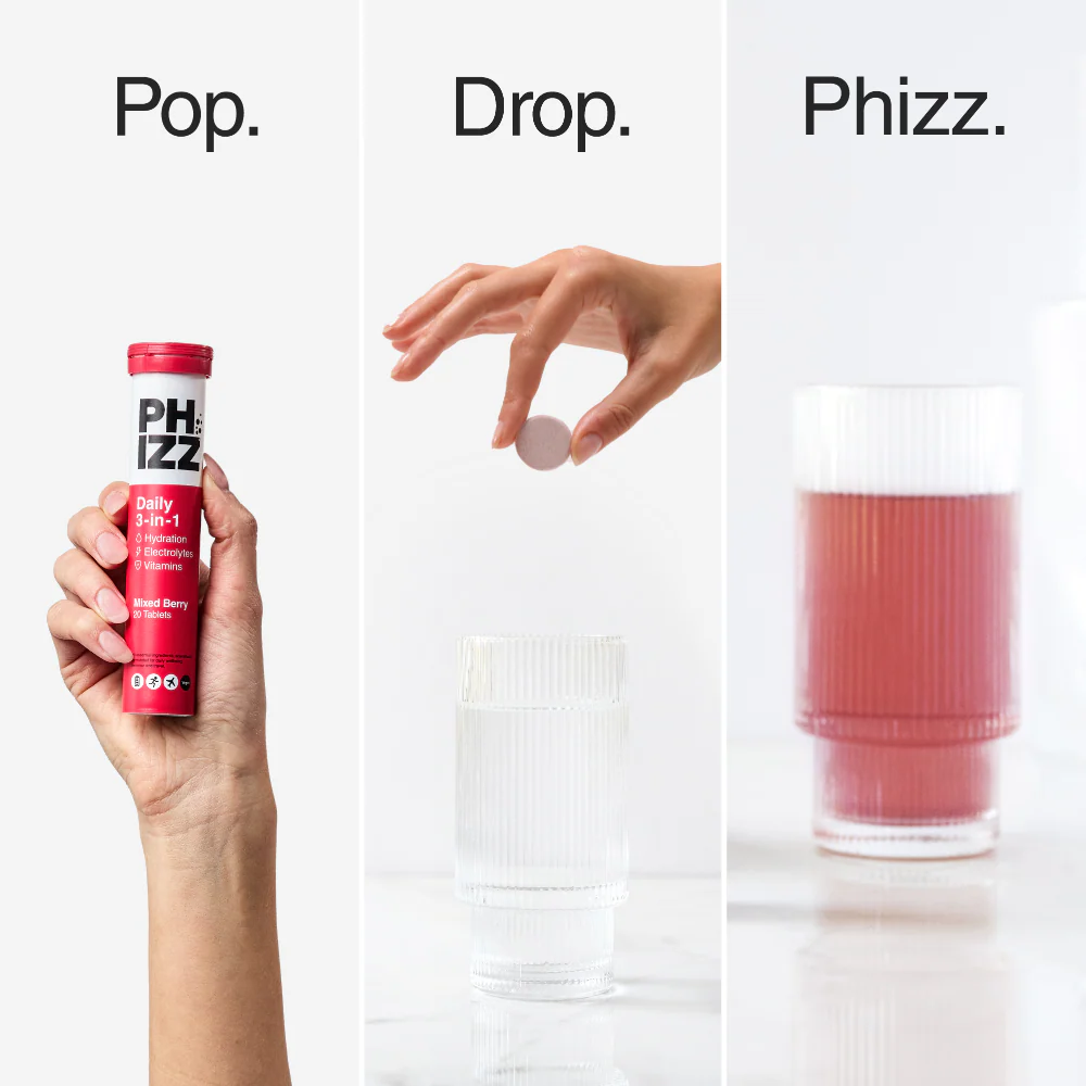 Phizz Daily 3-in-1 Hydration, Electrolytes & Vitamins Effervescent Tablets Mixed Berry 60 Tablets - Image 7