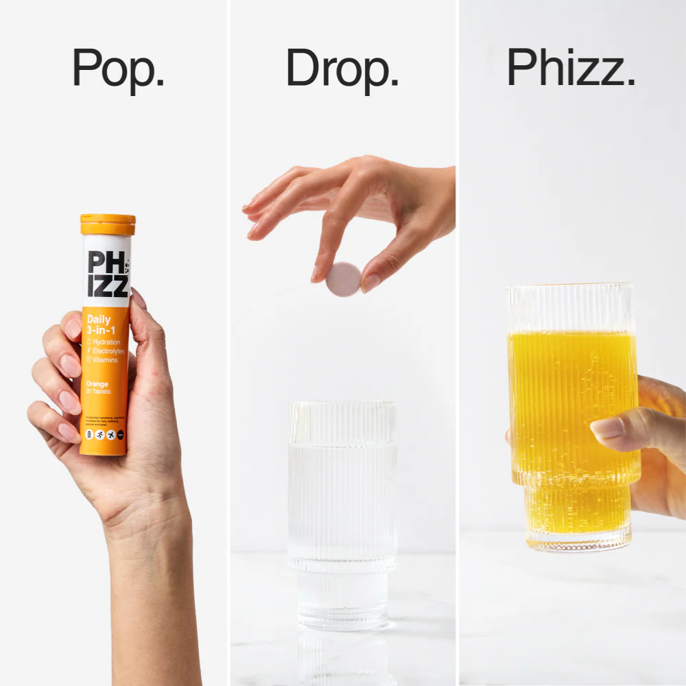 Phizz Daily 3-in-1 Hydration, Electrolytes & Vitamins Effervescent Tablets Orange 60 Tablets - Image 7