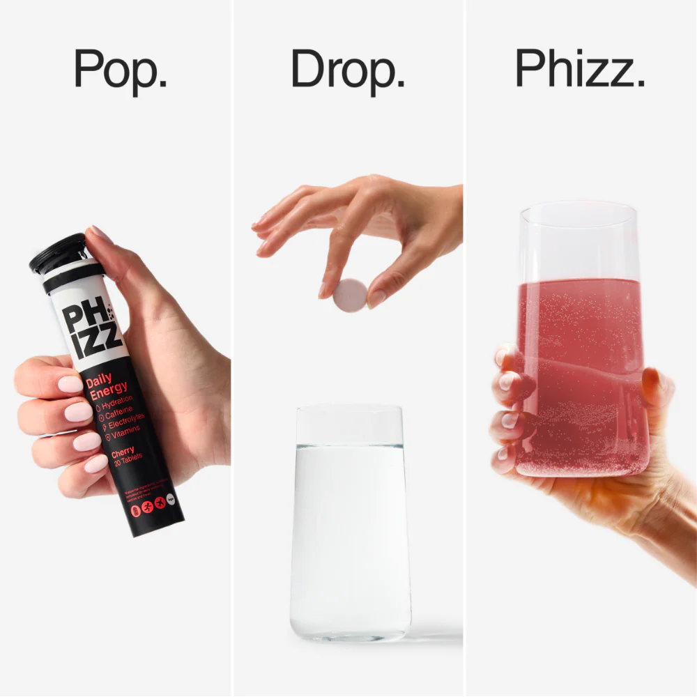 Phizz Daily Energy Hydration, Caffeine, Electrolytes & Vitamins Effervescent Tablets Cherry 20 Tablets - Image 8