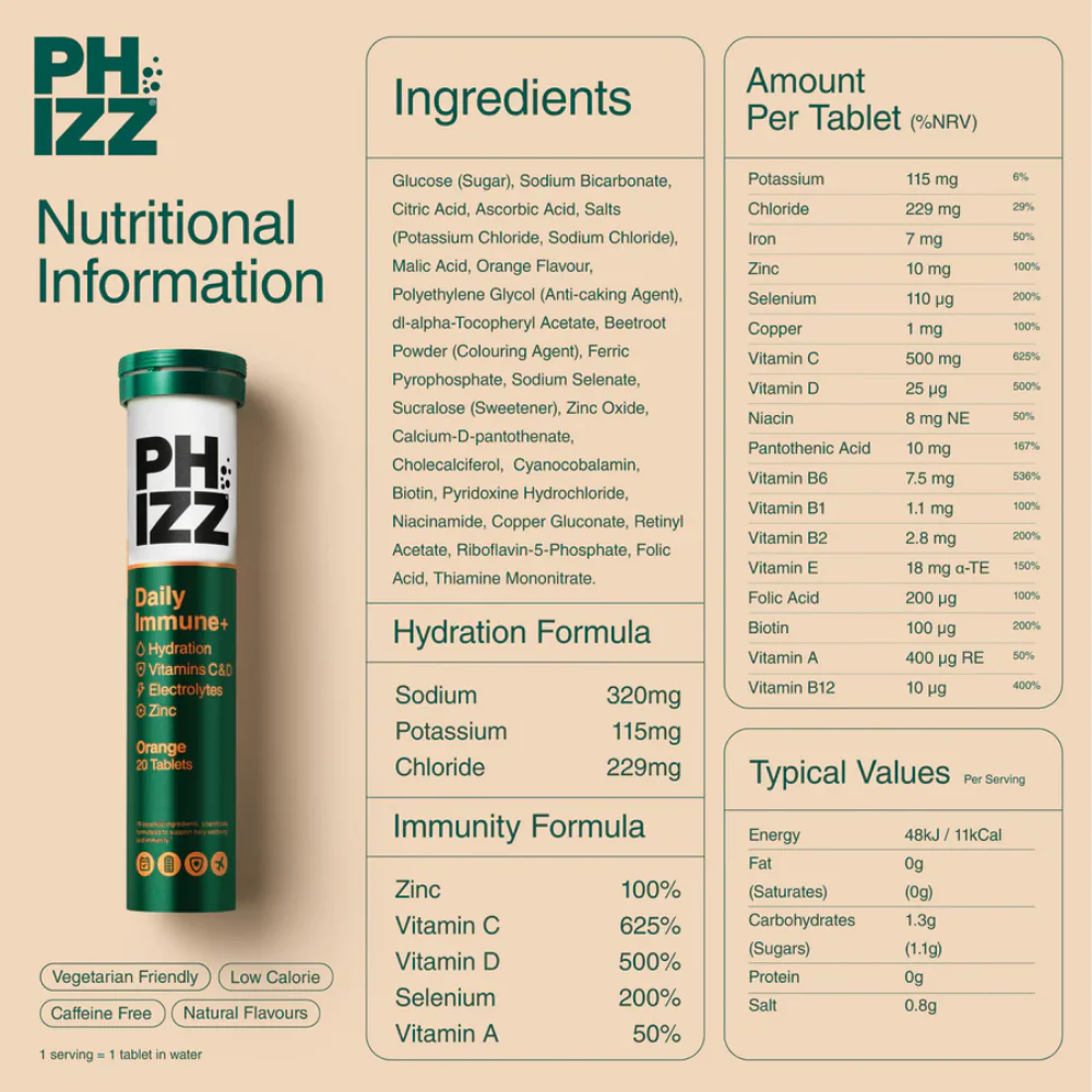 Phizz Daily Immune+ 3-in-1 Hydration, Electrolytes & Vitamins Effervescent Tablets Orange 20 Tablets - Image 4