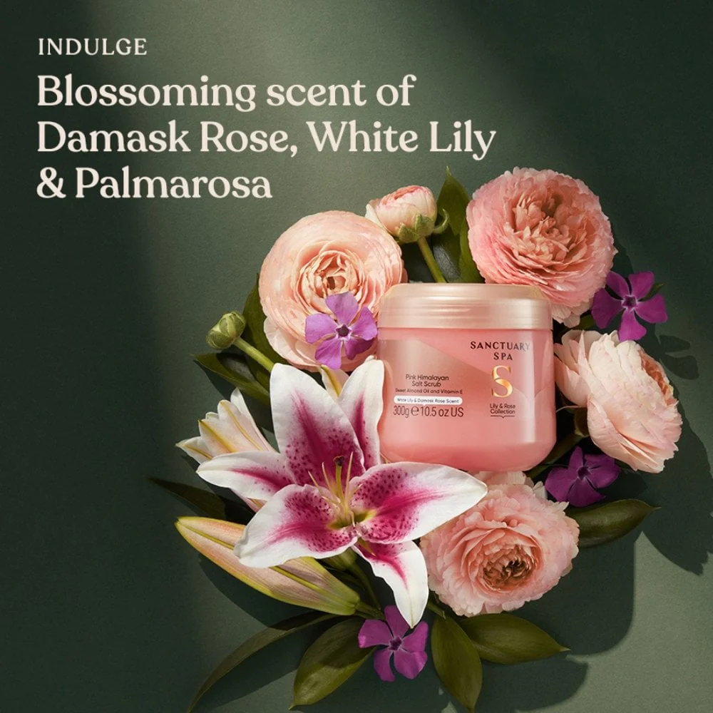 Sanctuary Spa White Lily & Damask Rose Pink Himalayan Salt Scrub 300ml - Image 3