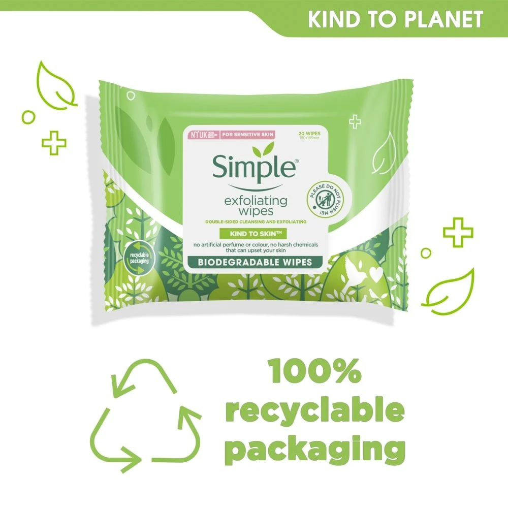 Simple Kind To Skin Biodegradable Exfoliating Face Wipes Pack of 20 - Image 4