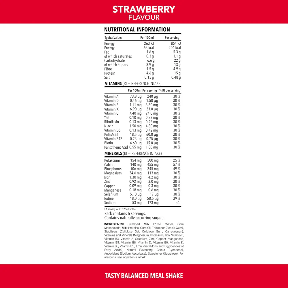 SlimFast Tasty Balanced Meal Strawberry Milkshake Multipack 6 x 325ml - Image 7