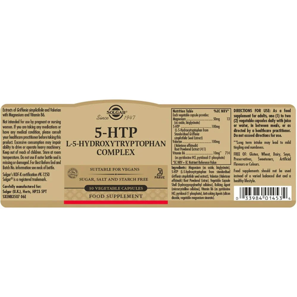 Solgar 5-HTP L-5-Hydroxytryptophan Complex 30 Vegetable Capsules - Image 2