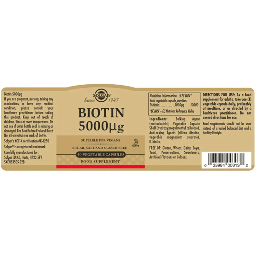 Solgar Biotin 5000 µg 50 Vegetable Capsules - Image 2