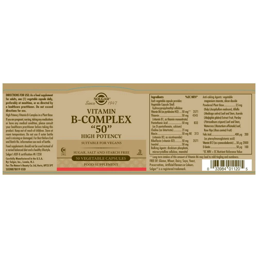 Solgar Formula Vitamin B-Complex '50' High Potency 50 Vegetable Cap - Image 2