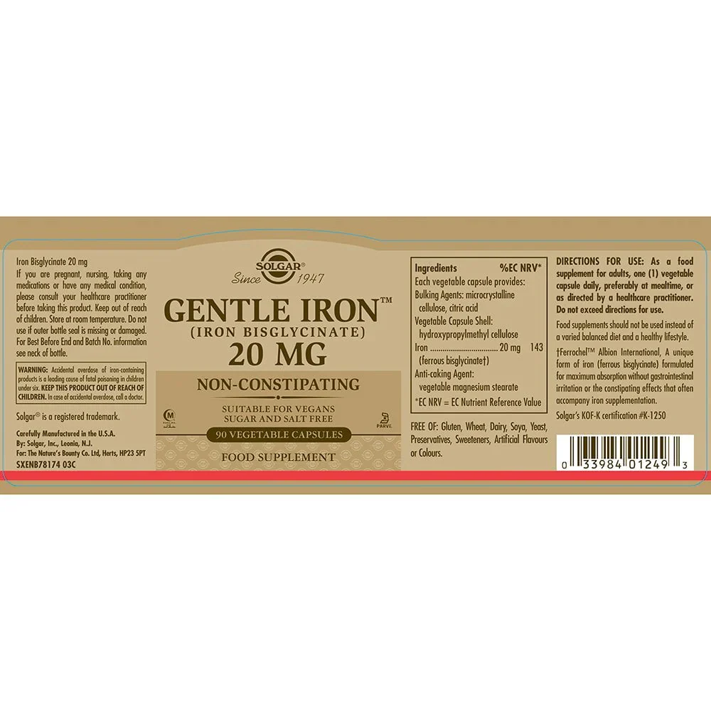 Solgar Gentle Iron Iron Bisglycinate 20 mg 90 Vegetable Capsules - Image 2