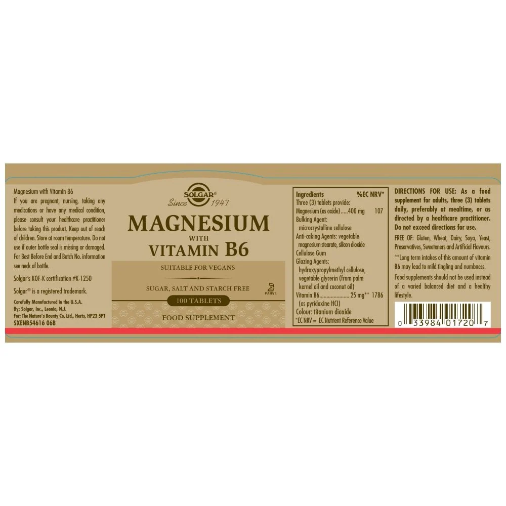 Solgar Magnesium with Vitamin B6 100 Tablets - Image 2