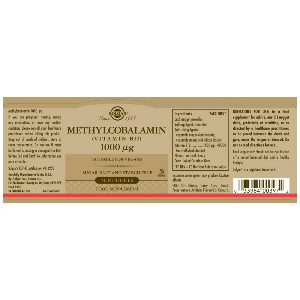 Solgar Methylcobalamin Vitamin B12 1000µg 30 Nuggets - Image 2