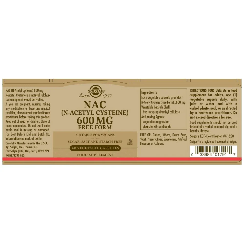 Solgar NAC N-Acetyl Cysteine 600 mg 60 Vegetable Capsules - Image 2