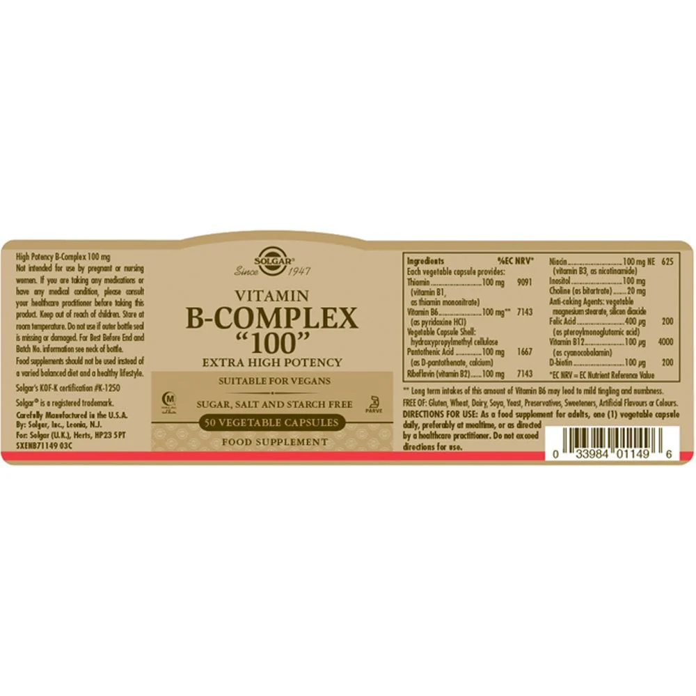 Solgar Vitamin B-Complex 100 Extra High Potency 100 Vegetable Capsules - Image 2