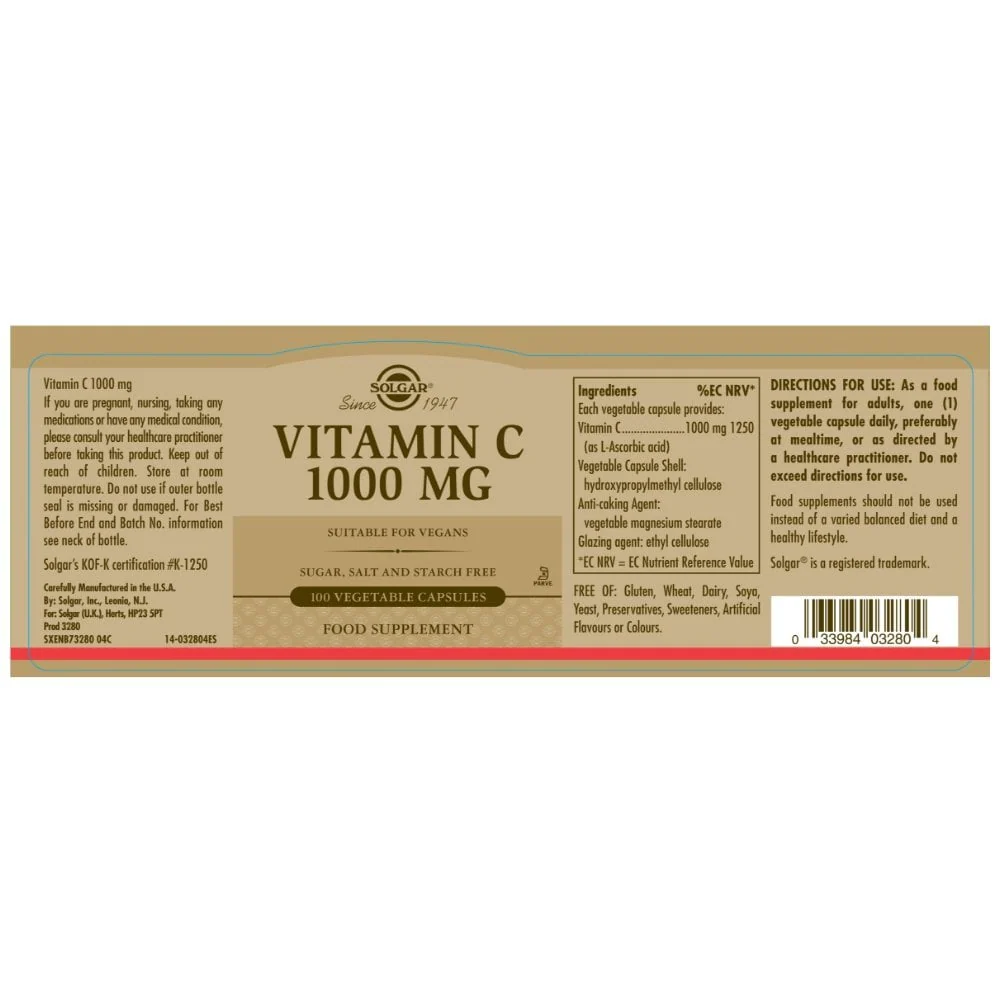 Solgar Vitamin C 1000 mg 100 Vegetable Capsules - Image 2