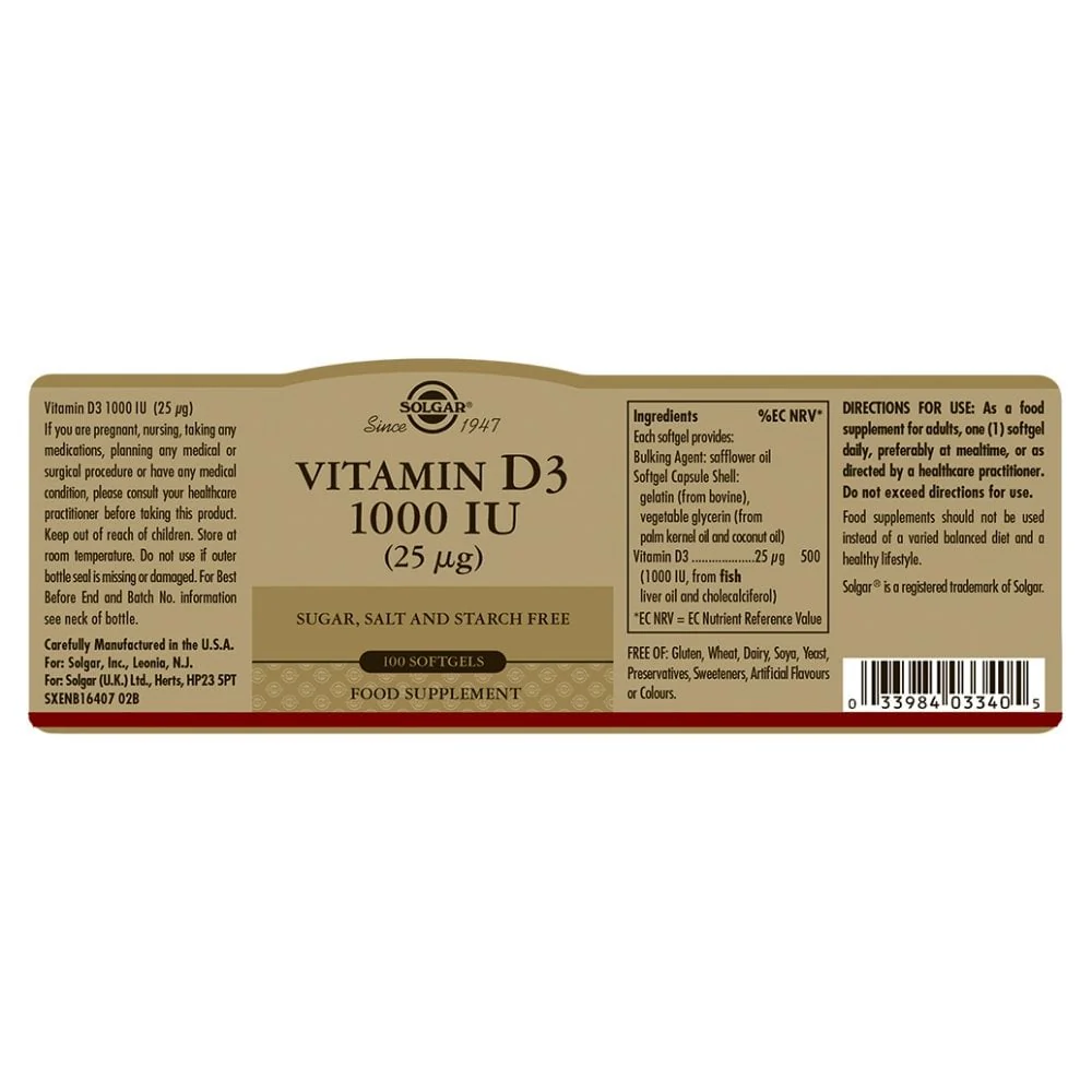 Solgar Vitamin D3 1000 IU 25 µg 100 Softgels - Image 2