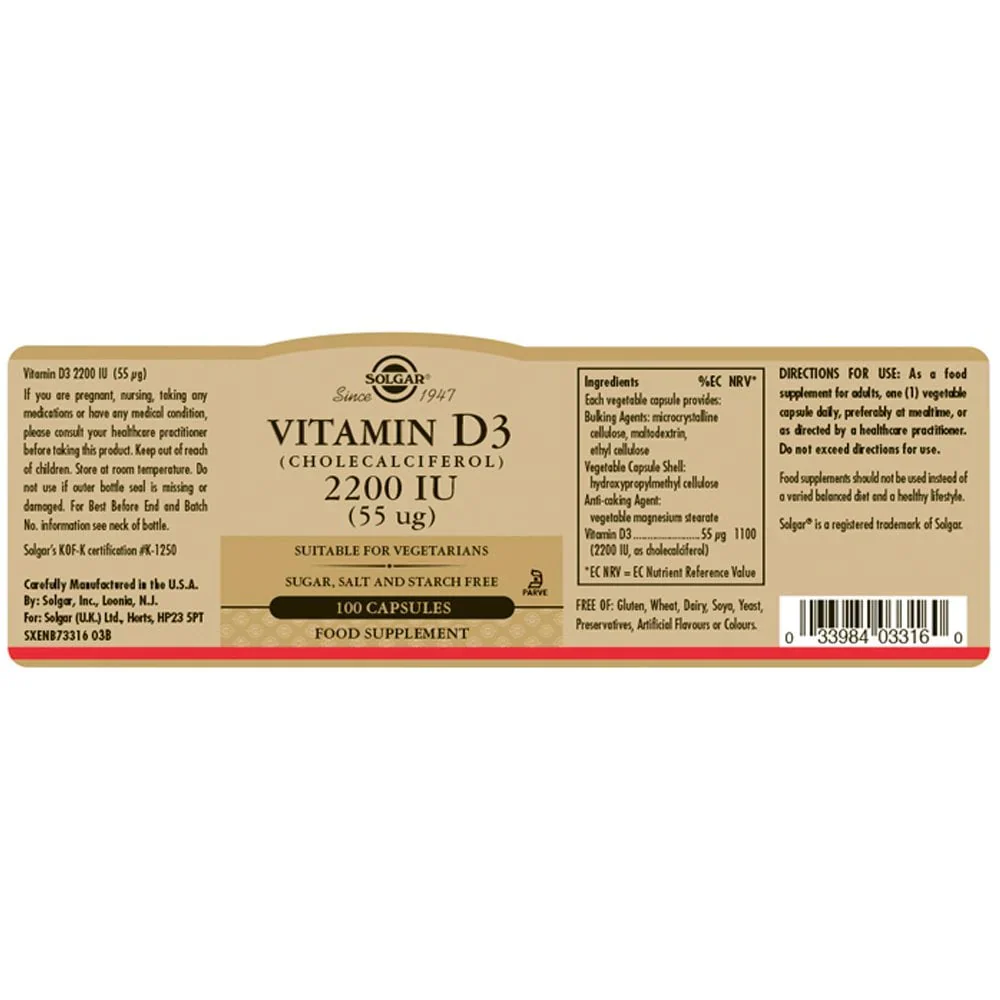 Solgar Vitamin D3 Cholecalciferol 2200 IU 55 µg 50 Vegetable Capsules - Image 2