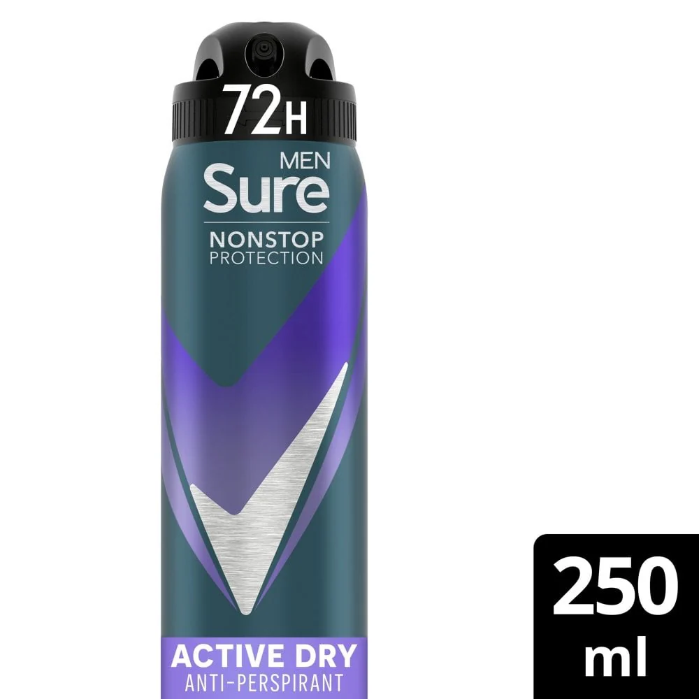 Sure Men Nonstop Protection 72h Active Dry Anti-Perspirant Deodorant Spray 250ml - Image 2