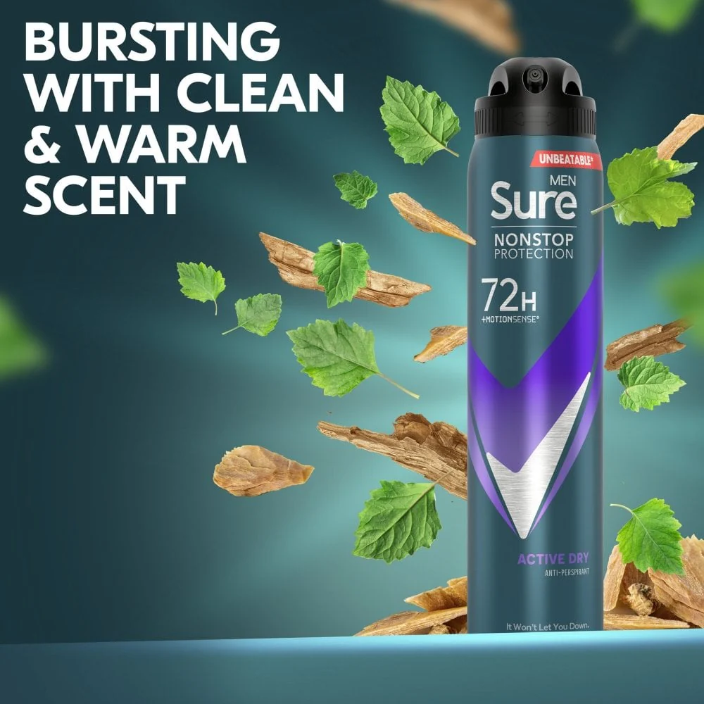 Sure Men Nonstop Protection 72h Active Dry Anti-Perspirant Deodorant Spray 250ml - Image 4