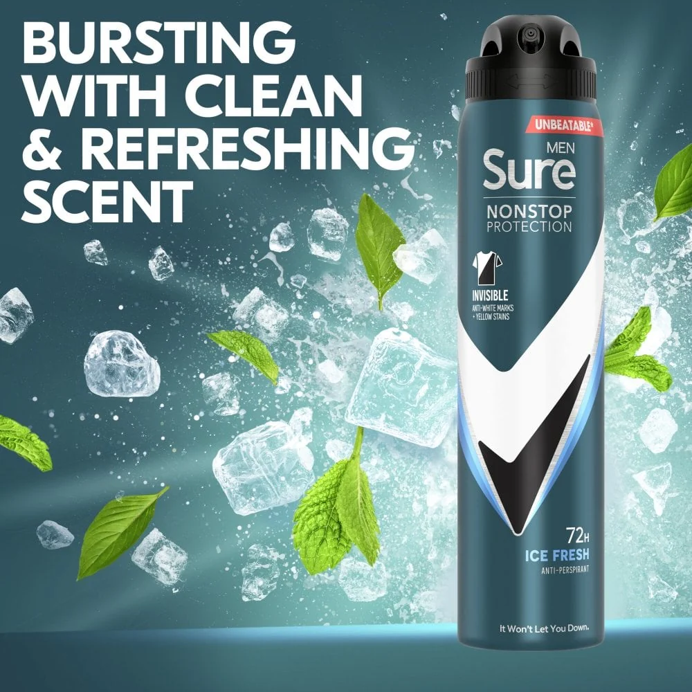 Sure Men Nonstop Protection 72h Invisible Ice Fresh Anti-Perspirant Deodorant Spray 250ml - Image 4