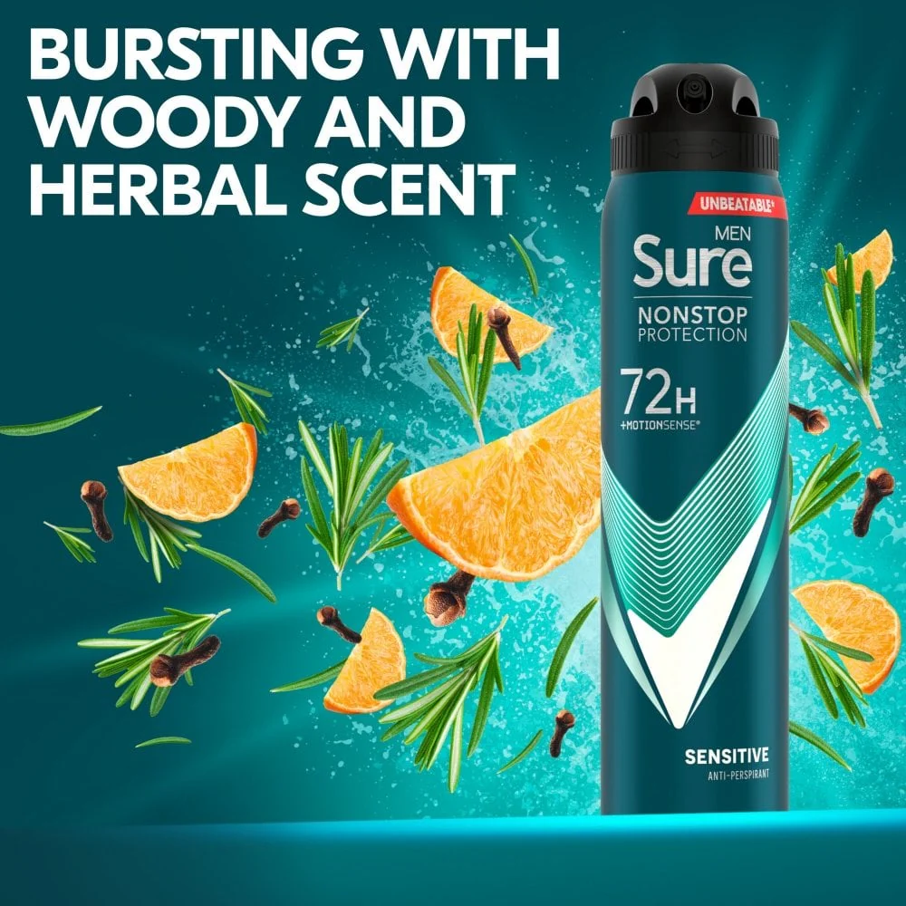 Sure Men Nonstop Protection 72h Sensitive Anti-Perspirant Deodorant Spray 250ml - Image 4