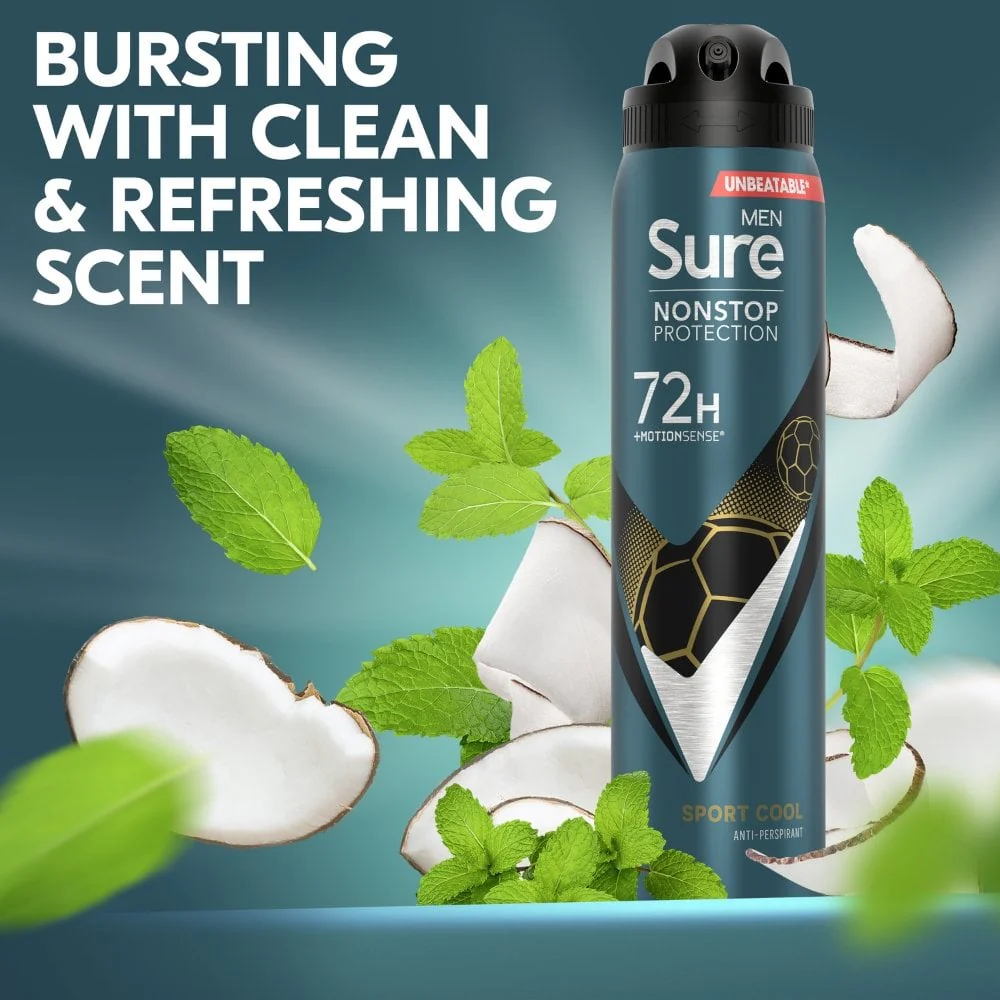 Sure Men Nonstop Protection 72h Sport Cool Anti-Perspirant Deodorant Spray 250ml - Image 3