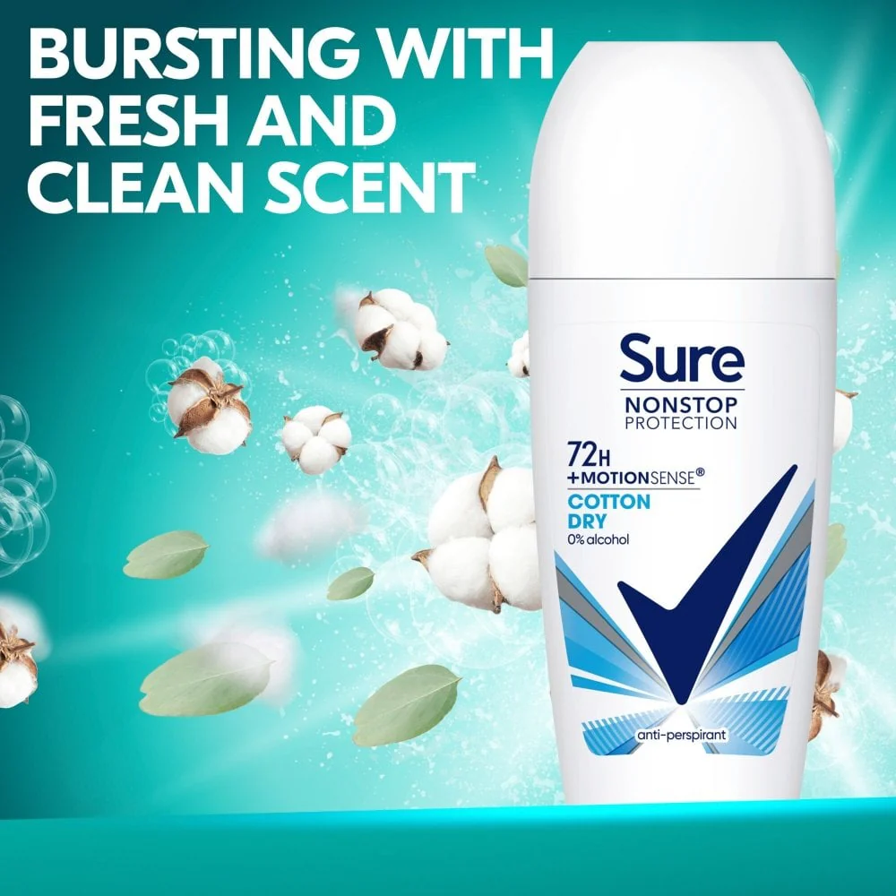 Sure Nonstop Protection 72h Cotton Dry Anti-Perspirant Deodorant Roll-On 50ml - Image 5