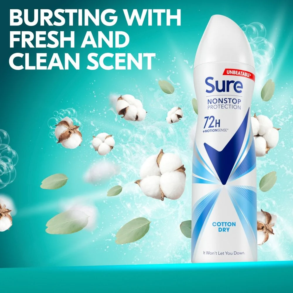 Sure Nonstop Protection 72h Cotton Dry Anti-Perspirant Deodorant Spray 250ml - Image 4